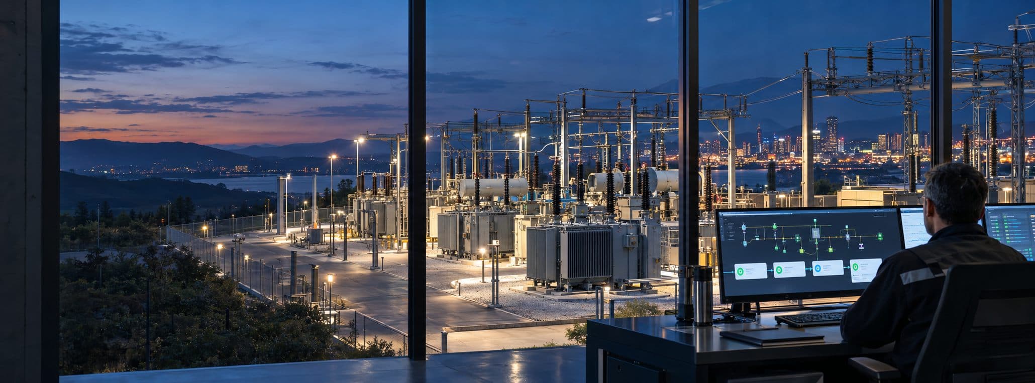 Electrical substation at dusk seen from a control room, where an operator monitors a live workflow diagram on the screens.